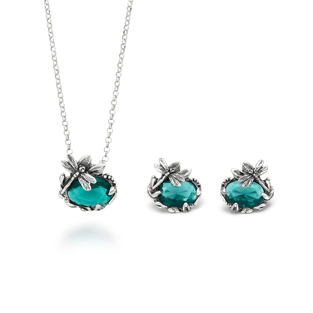 Giovanni Raspini dragonfly eden set Necklace and earrings in 925 silver and emerald quartz X01607