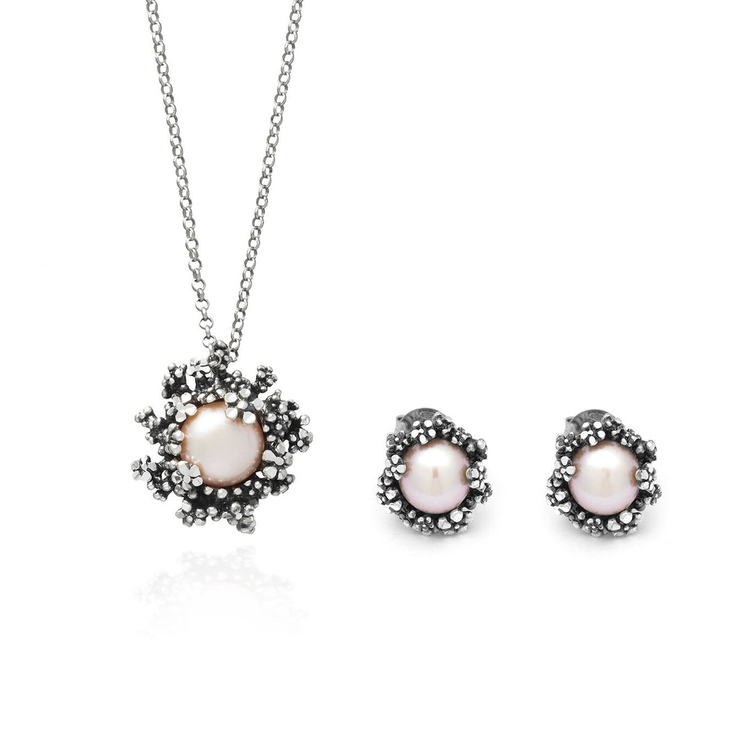 Giovanni Raspini Set Blüte Halskette und Ohrringe aus 925er Silber und Naturperlen X01622