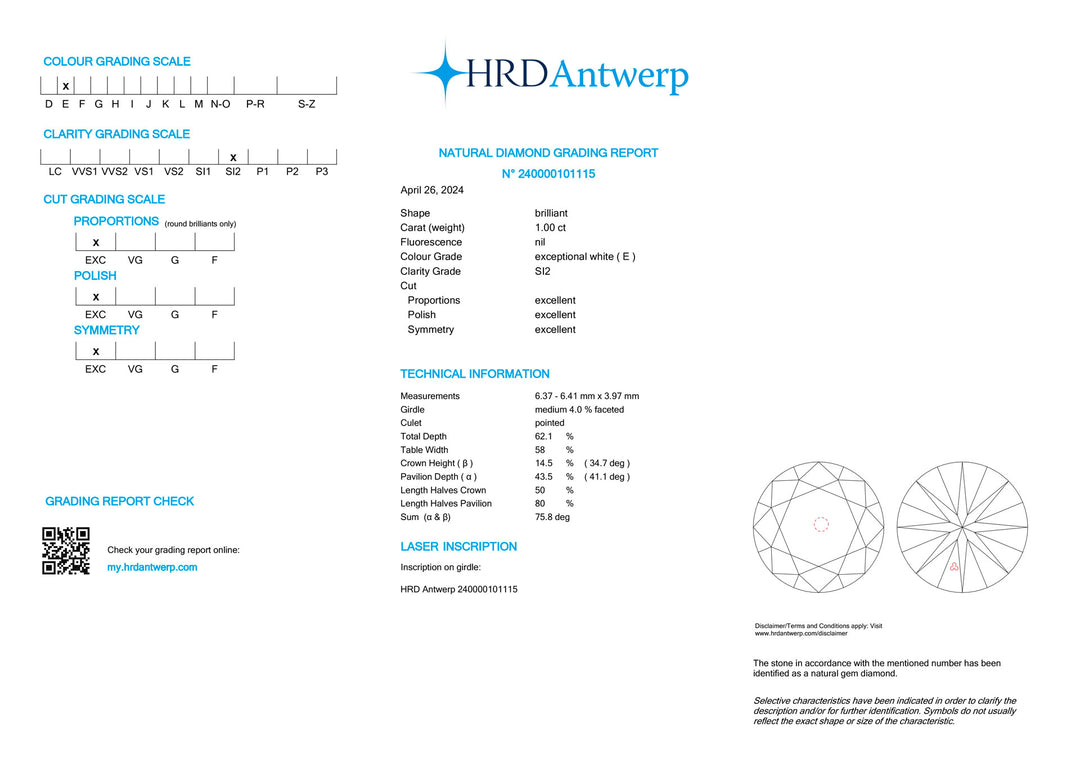 HRD 1,00CT Investissement certifié Couleur de diamant et pureté SI2