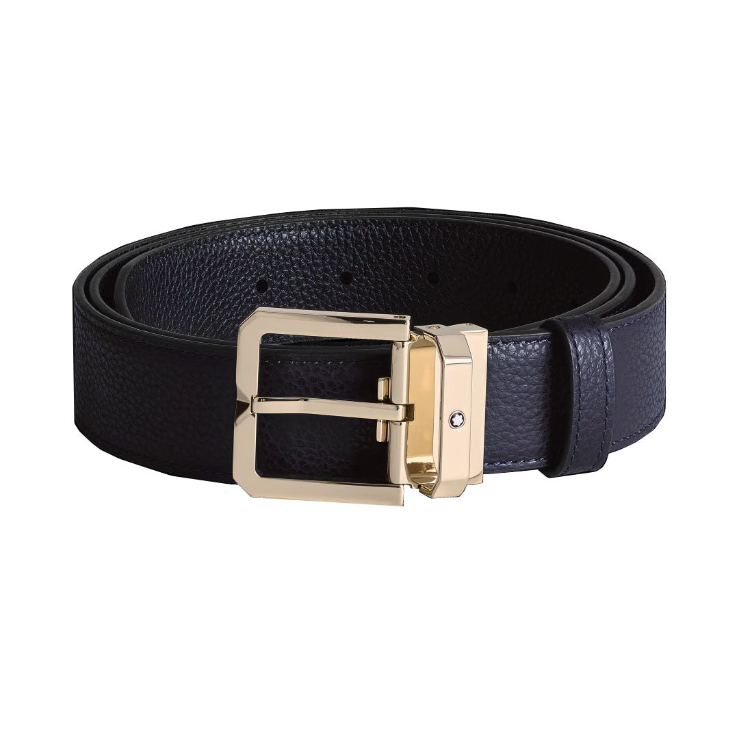 Montblanc 35mm belt with horseshoe buckle Light Gold Finish Reversible Blue Night/Black 199099