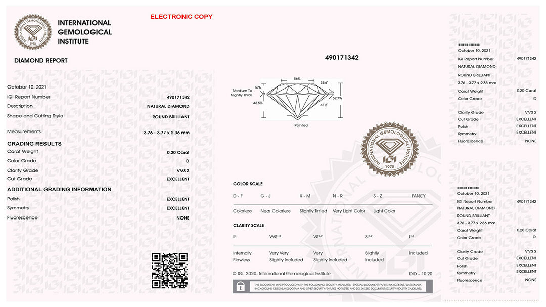 IGI diamant blister certifié brillant coupe 0,20ct couleur D pureté VVS 2