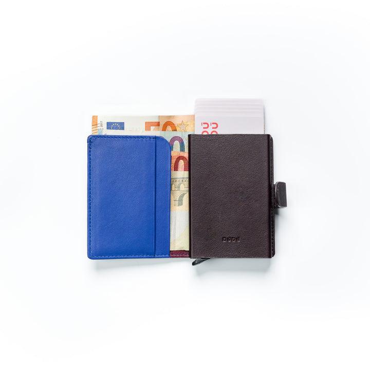 DUDU WALLE RFID MEN'S LEATHER REGISTER, Small miniwallet with aluminum cardprotector, banknotes and button closure