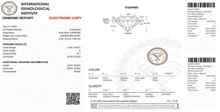 IGI diamant blister certificat brillant coupe 0,09ct couleur E pureté SI 1