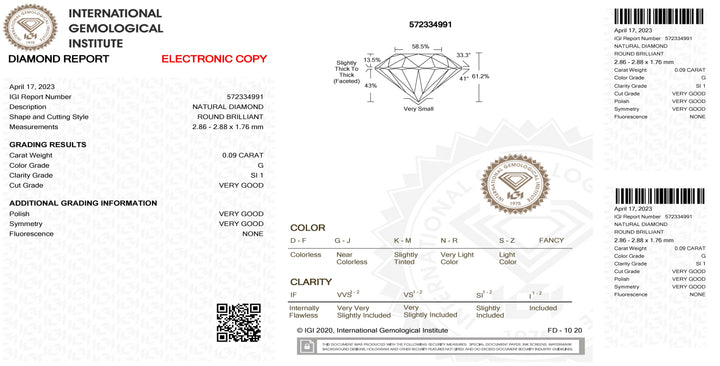 IGI diamant blister certifié brillant coupe 0,09ct couleur G pureté SI 2