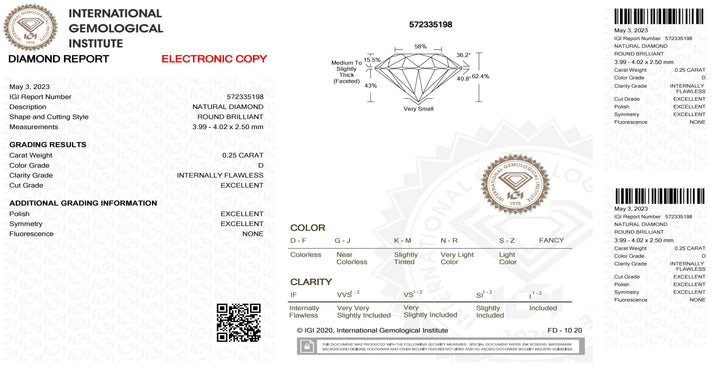 IGI diamant blister certifié brillant taille 0,25ct couleur D pureté IF