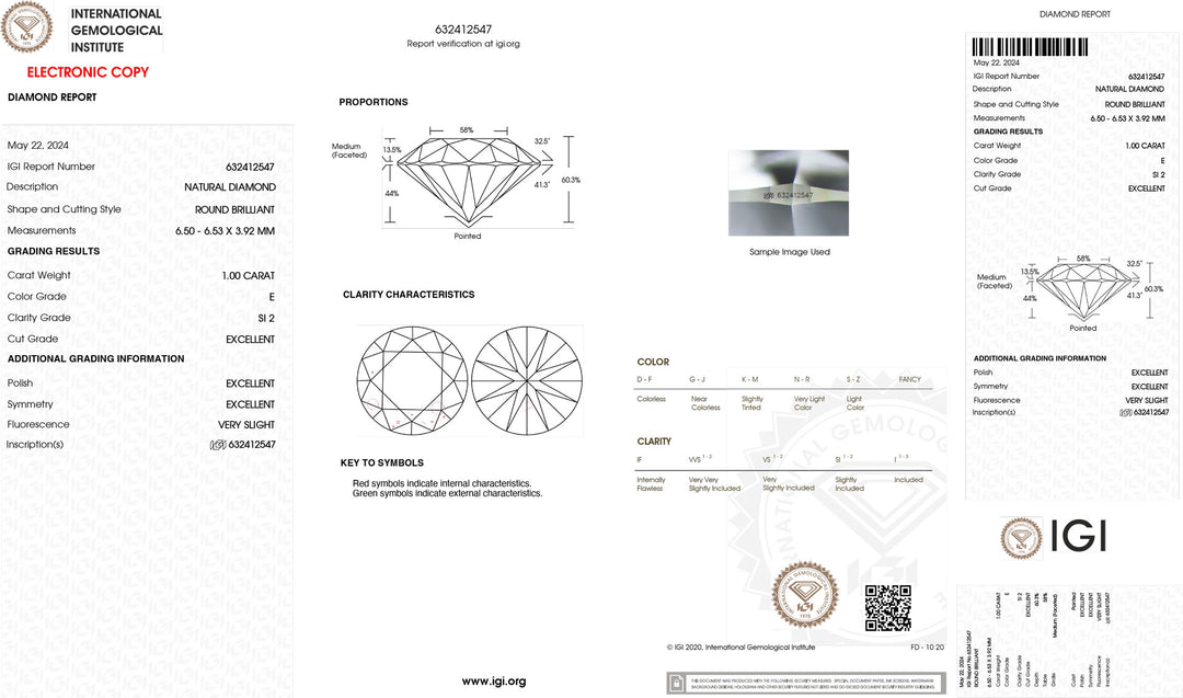 IGI 1,00CT Investissement certifié Couleur de diamant et pureté SI2