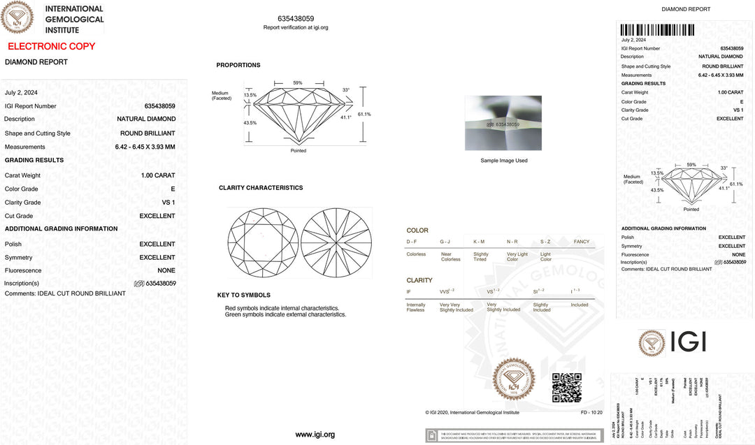 IGI 1,00CT Investissement certifié Couleur et pureté de diamant VS1