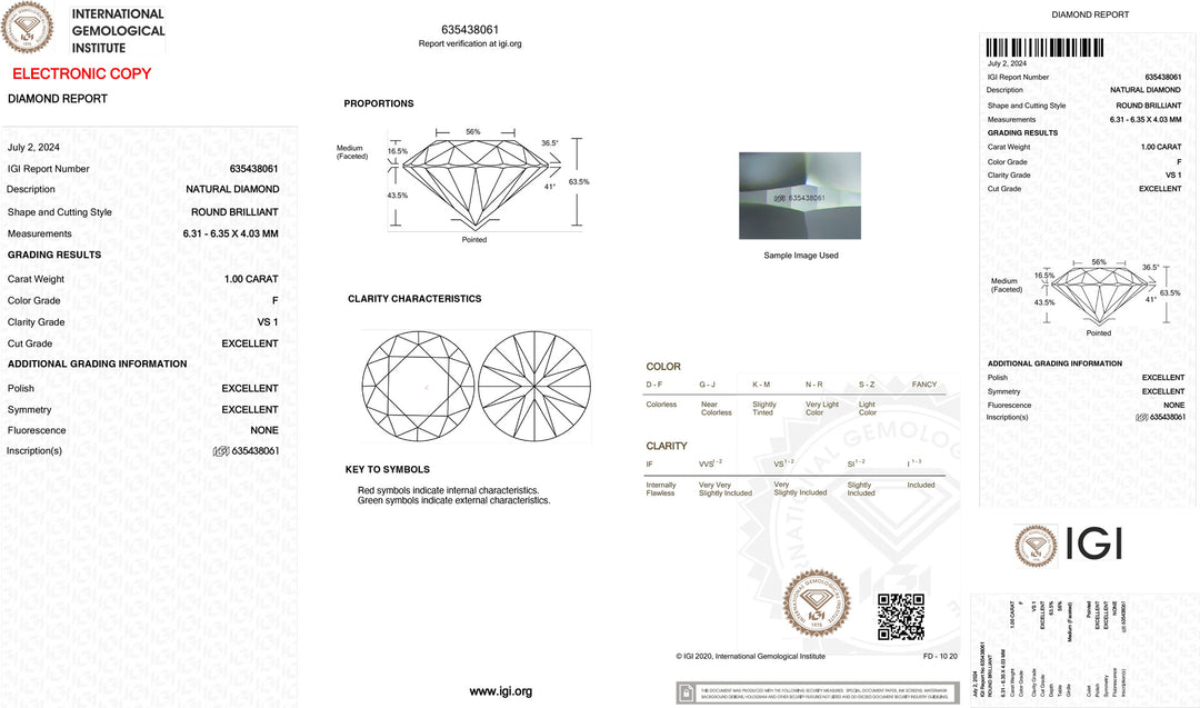 IGI 1,00CT Investissement certifié Couleur de diamant F Pureté VS1