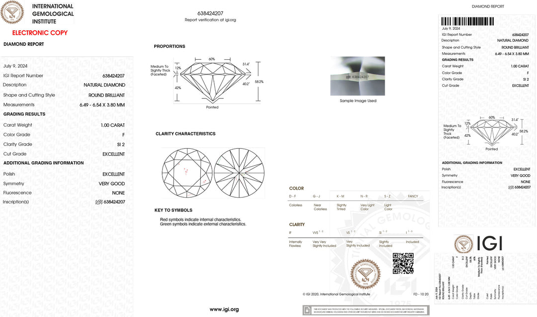 IGI 1,00CT Investissement certifié Couleur de diamant f pureté Si2