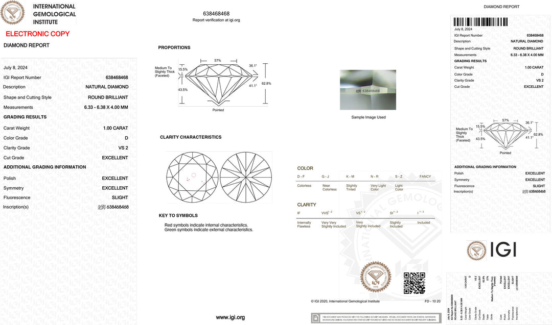 IGI 1,00CT Certified Investment Diamond vs2 Purity Couleur