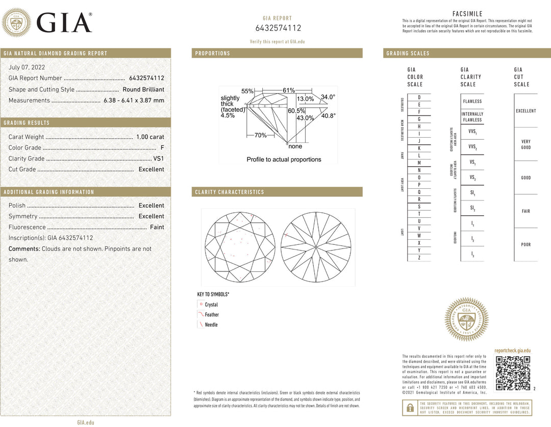 Diamante da investimento certificato GIA 1,00ct colore F purezza VS1