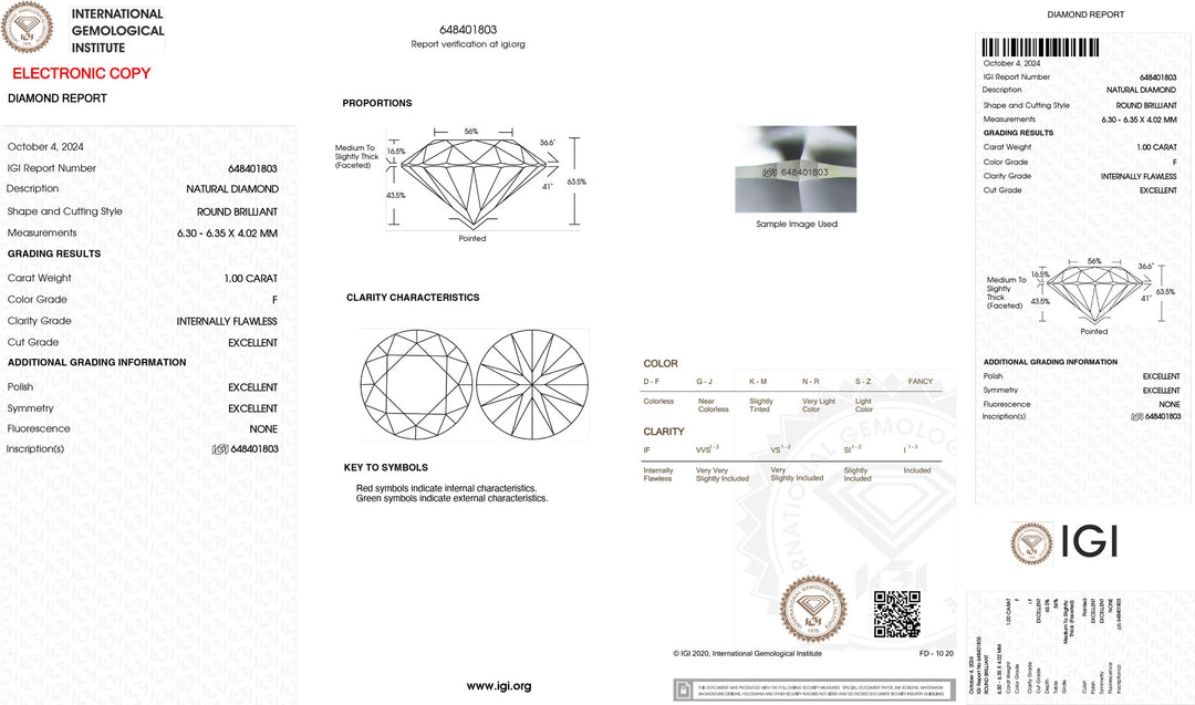 Diamante da investimento certificato IGI 1,00ct colore F purezza IF