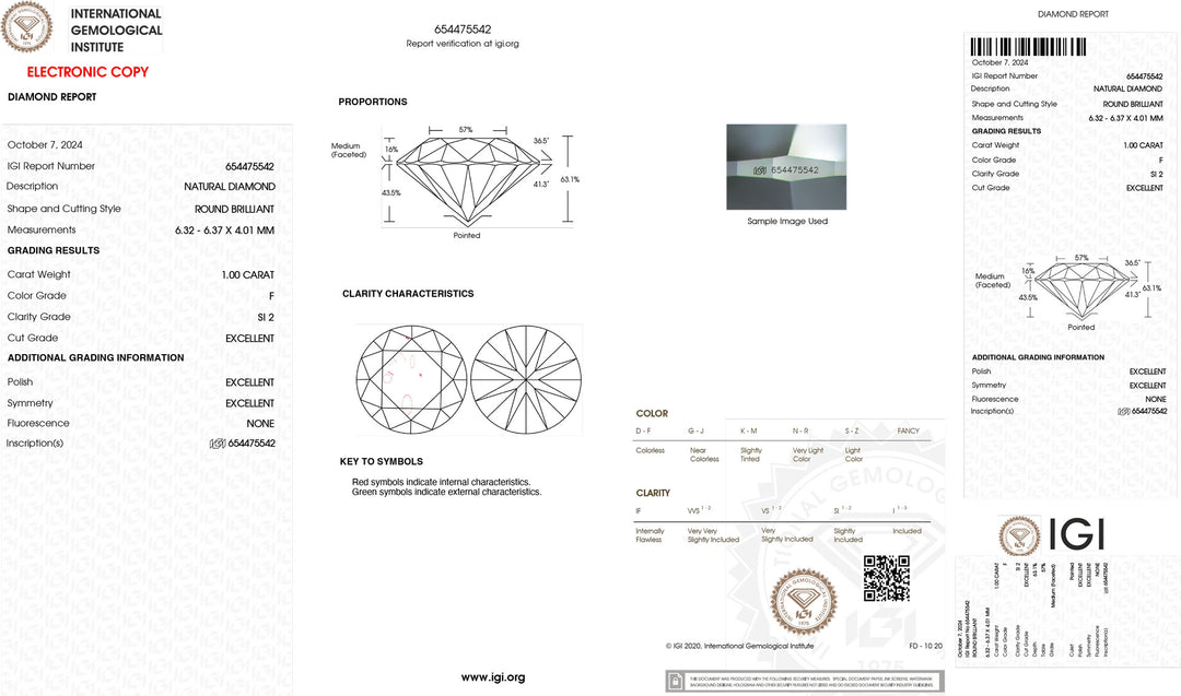 IGI 1,00CT Certified Investment Diamond Color F Reinity SI2