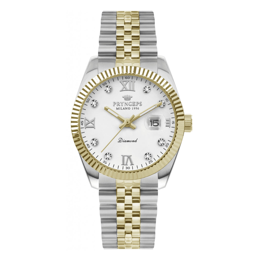 Pryngeps Erre X Uhr, 32 mm, weiße Diamanten, Quarzstahl, PVD-Finish, Gelbgold A822/2BQB BI