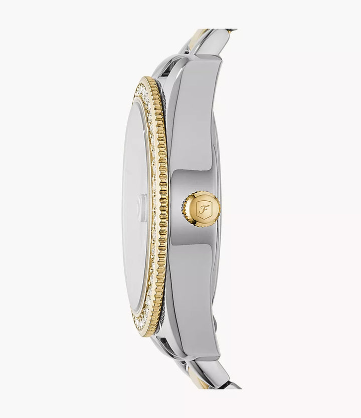 Fossil Scarlette watch 33mm silver quartz steel PVD yellow gold finish ES4319