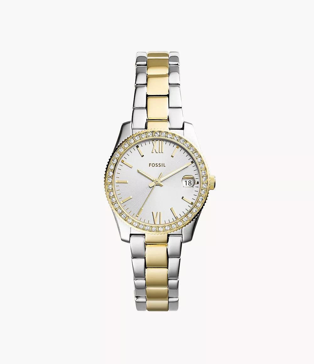 Fossil Scarlette watch 33mm silver quartz steel PVD yellow gold finish ES4319