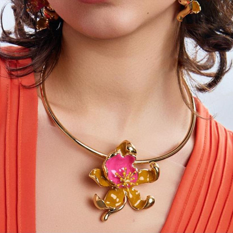 Federica Rossi Orchid Flower rigid choker necklace bronze PVD finish 18kt gold enamel FR.GI.26