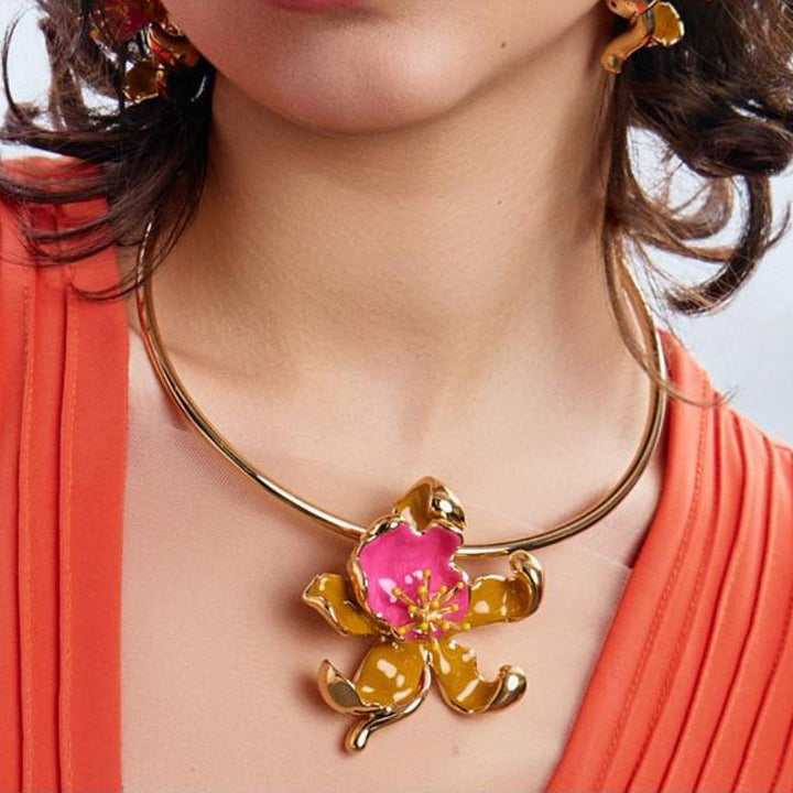 Federica Rossi Orchid Flower rigid choker necklace bronze PVD finish 18kt gold enamel FR.GI.26