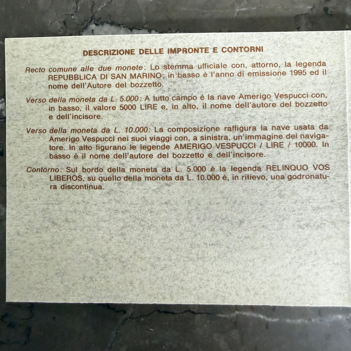 Pièces en argent 5000 10000 Lire République de Saint-Marin Amerigo Vespucci 1995