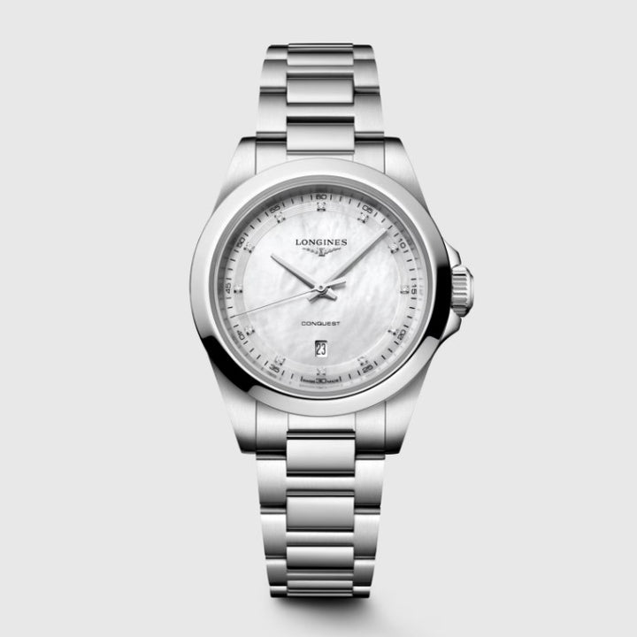 Longines Conquest Uhr 30 mm Perlmutt Diamanten Quarzstahl L3.350.4.87.6