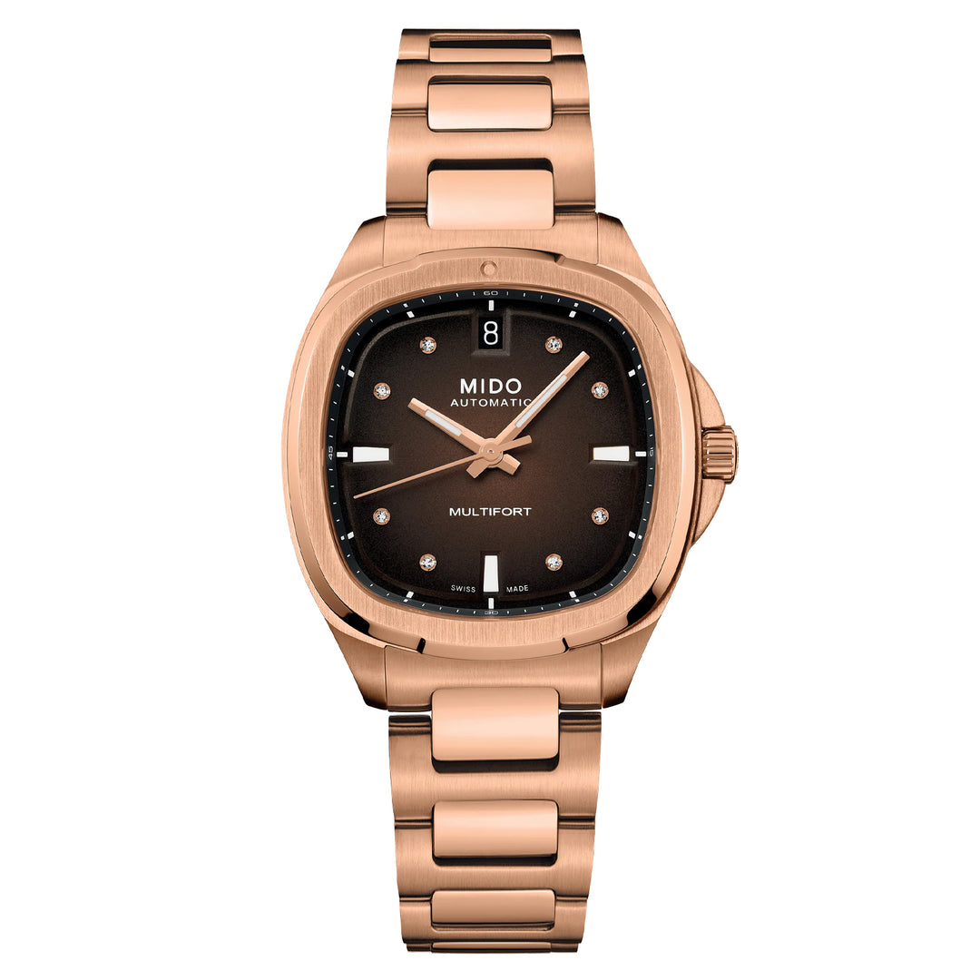 MIDO MULTIOFT TV 35 mm Brown TV diamants diamants en acier PVD Gold Rosa M049.307.33.296.00