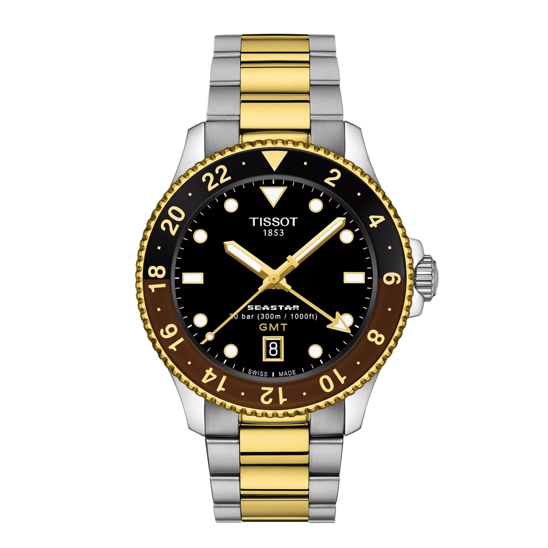 Tissot Seastar 1000 GMT Uhr 40 mm schwarzer Quarz -Stahl -Finish PVD Gold Gold T120.852.22.051.00