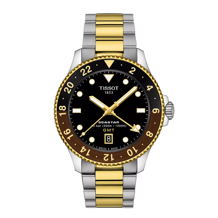 Tissot Seastar 1000 GMT Uhr 40 mm schwarzer Quarz -Stahl -Finish PVD Gold Gold T120.852.22.051.00