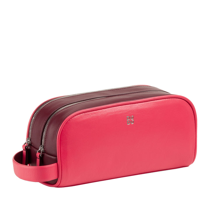DUDU Travel Beauty Case for Men and Women in Durable Soft Leather, Double Zip Toiletry Bag, Water-Repellent Interior, Hand Bag with Handle