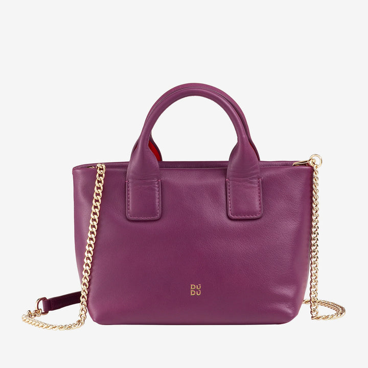 DUDU Kleine Damen-Umhängetasche aus echtem Leder, elegante Mini-Abendtasche, 22 x 13 cm, doppelte Griffe, Kettenschultergurt, Reißverschluss