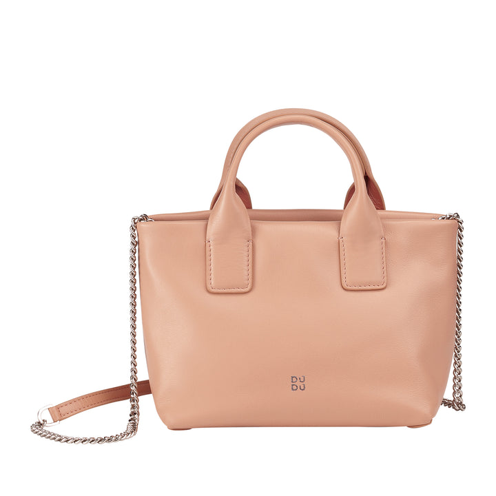 DUDU Kleine Damen-Umhängetasche aus echtem Leder, elegante Mini-Abendtasche, 22 x 13 cm, doppelte Griffe, Kettenschultergurt, Reißverschluss
