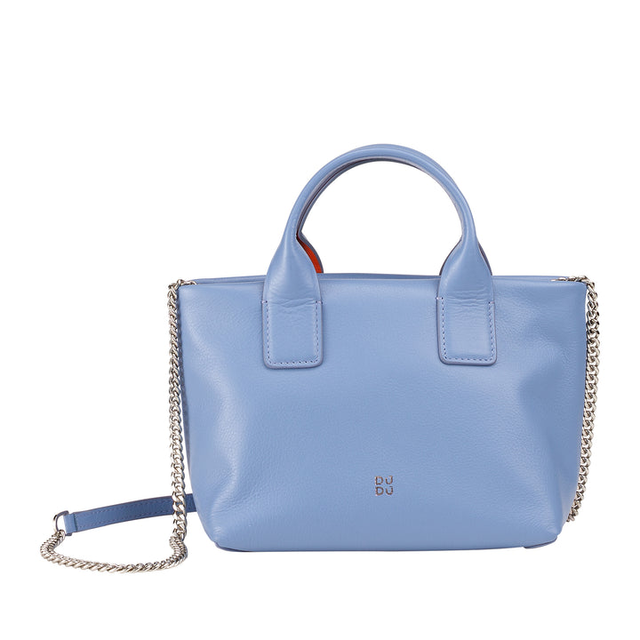 DUDU Kleine Damen-Umhängetasche aus echtem Leder, elegante Mini-Abendtasche, 22 x 13 cm, doppelte Griffe, Kettenschultergurt, Reißverschluss