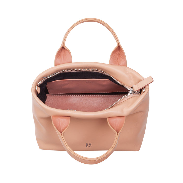 DUDU Kleine Damen-Umhängetasche aus echtem Leder, elegante Mini-Abendtasche, 22 x 13 cm, doppelte Griffe, Kettenschultergurt, Reißverschluss