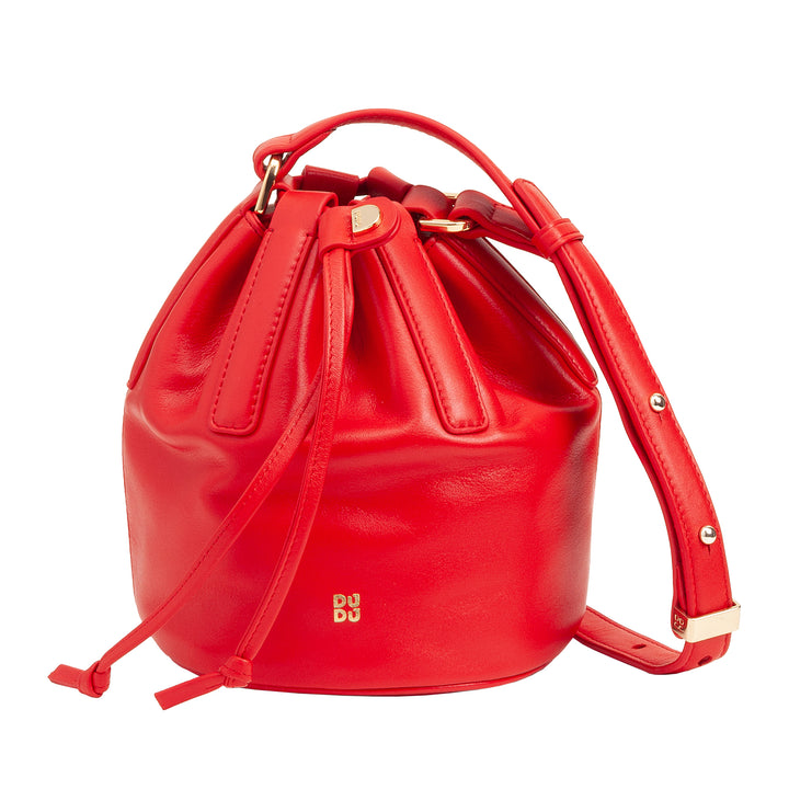 DUDU small women's bucket in real leather with adjustable shoulder strap and coulisse closure - elegant and compact shoulder bag with cord, perfect for daily use