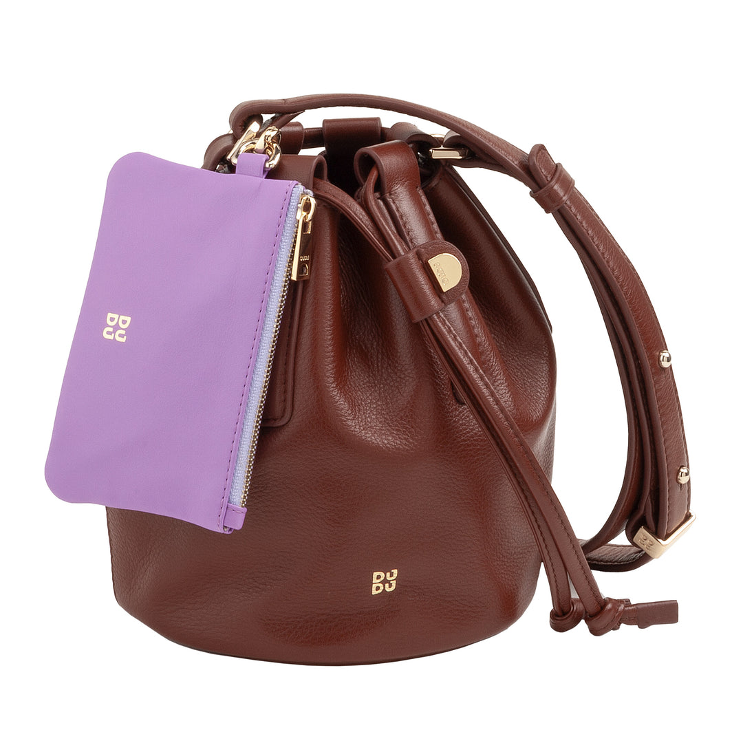 Dudu Small Women's Godet en cuir réel avec bandoulière réglable et fermeture de cousse - Sac à bandoulière élégant et compact avec cordon, parfait pour une utilisation quotidienne