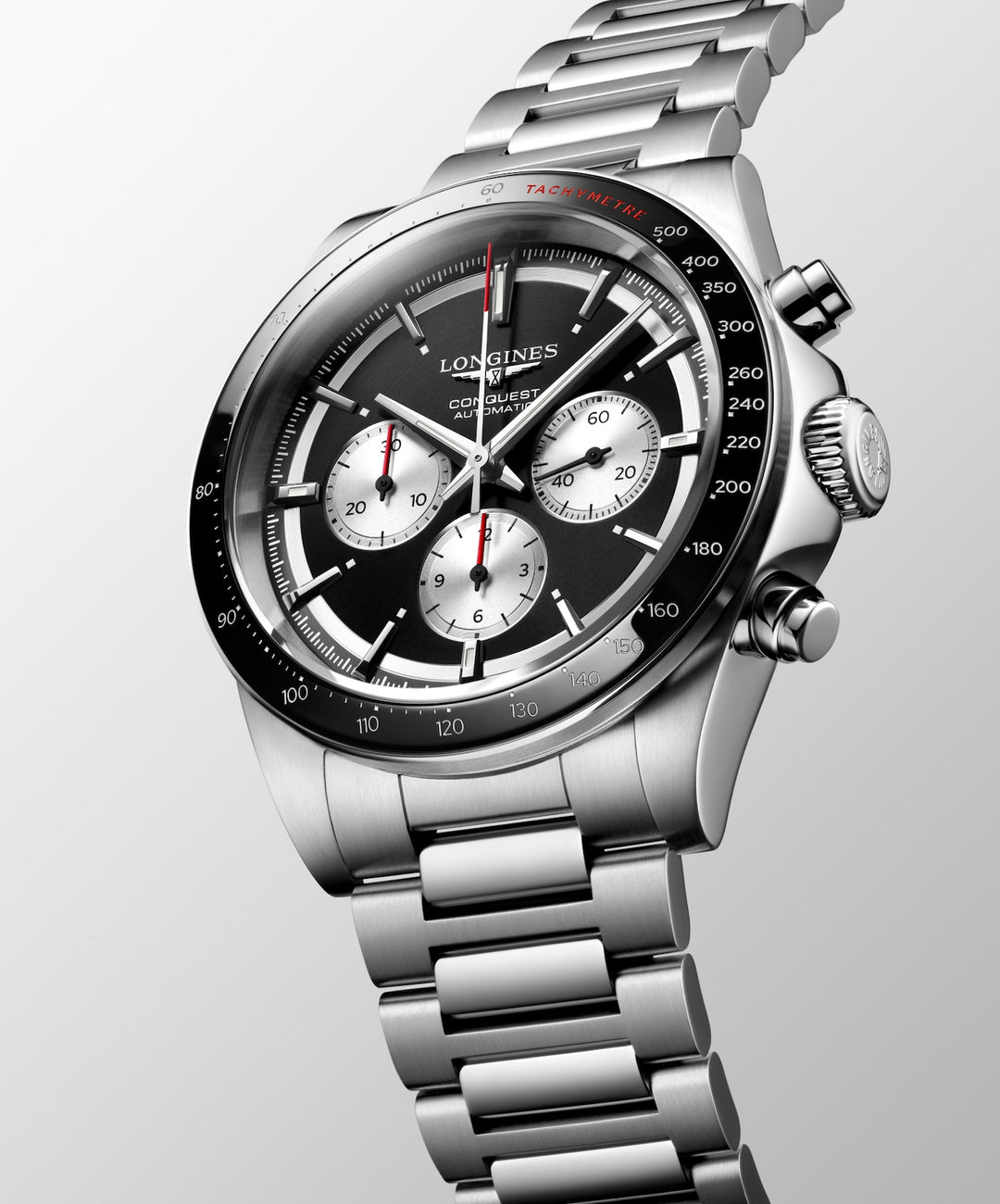 Longines Conquest Chronograph, 42 mm, schwarze Automatikuhr aus Stahl, L3.835.4.52.6