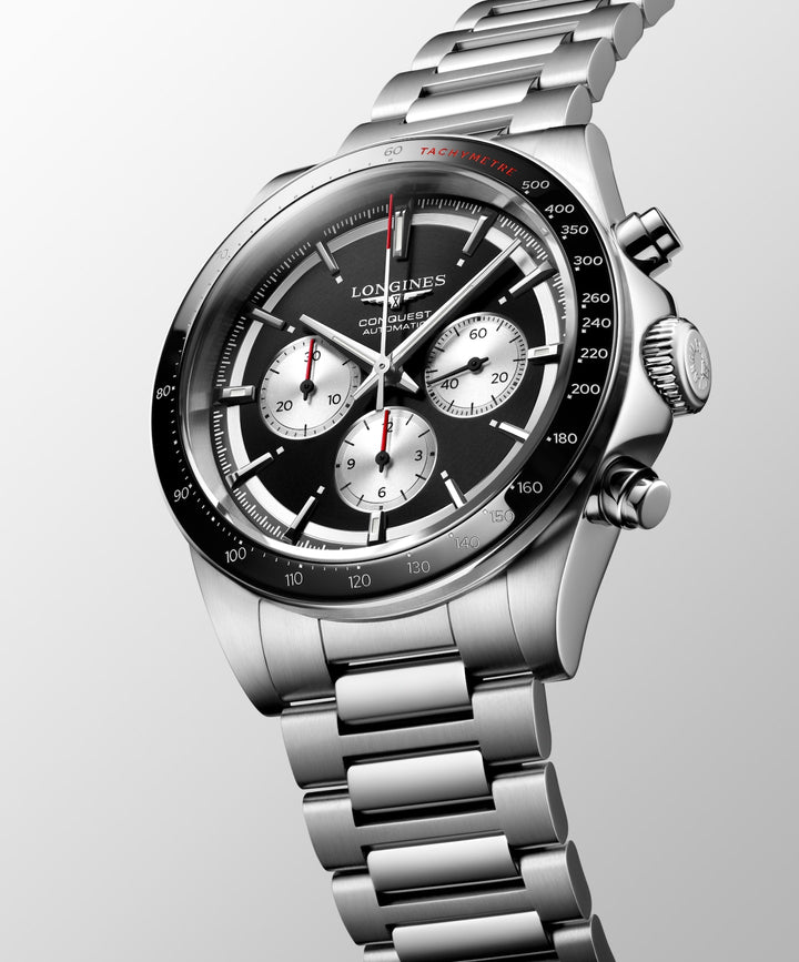 Longines Conquest Chronograph, 42 mm, schwarze Automatikuhr aus Stahl, L3.835.4.52.6
