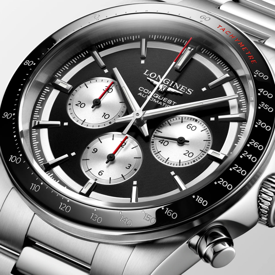 Longines Conquest Chronograph, 42 mm, schwarze Automatikuhr aus Stahl, L3.835.4.52.6