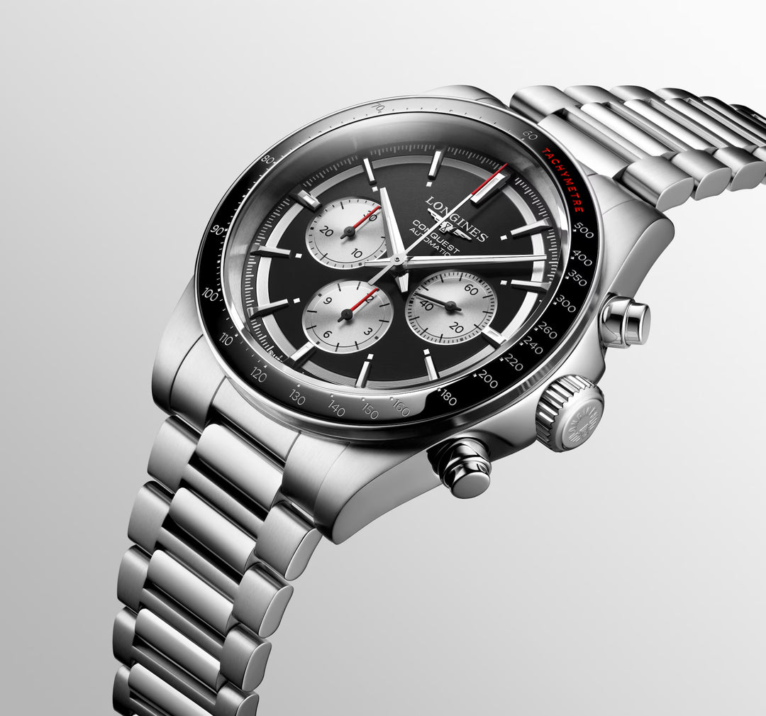 Longines Conquest Chronograph, 42 mm, schwarze Automatikuhr aus Stahl, L3.835.4.52.6