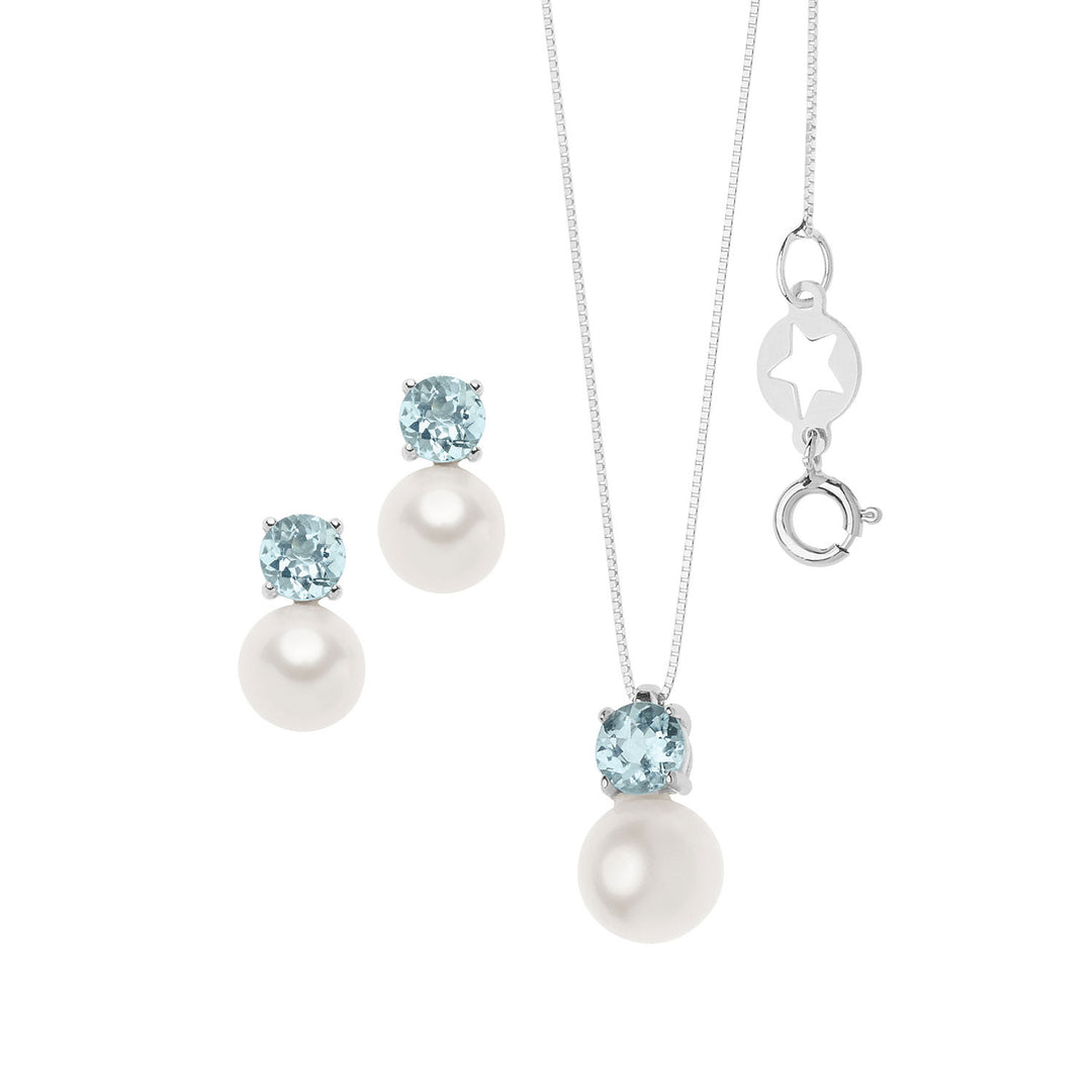 Comete Collana e Orecchini in Acquamarina tonda Oro e Perle KIT616748