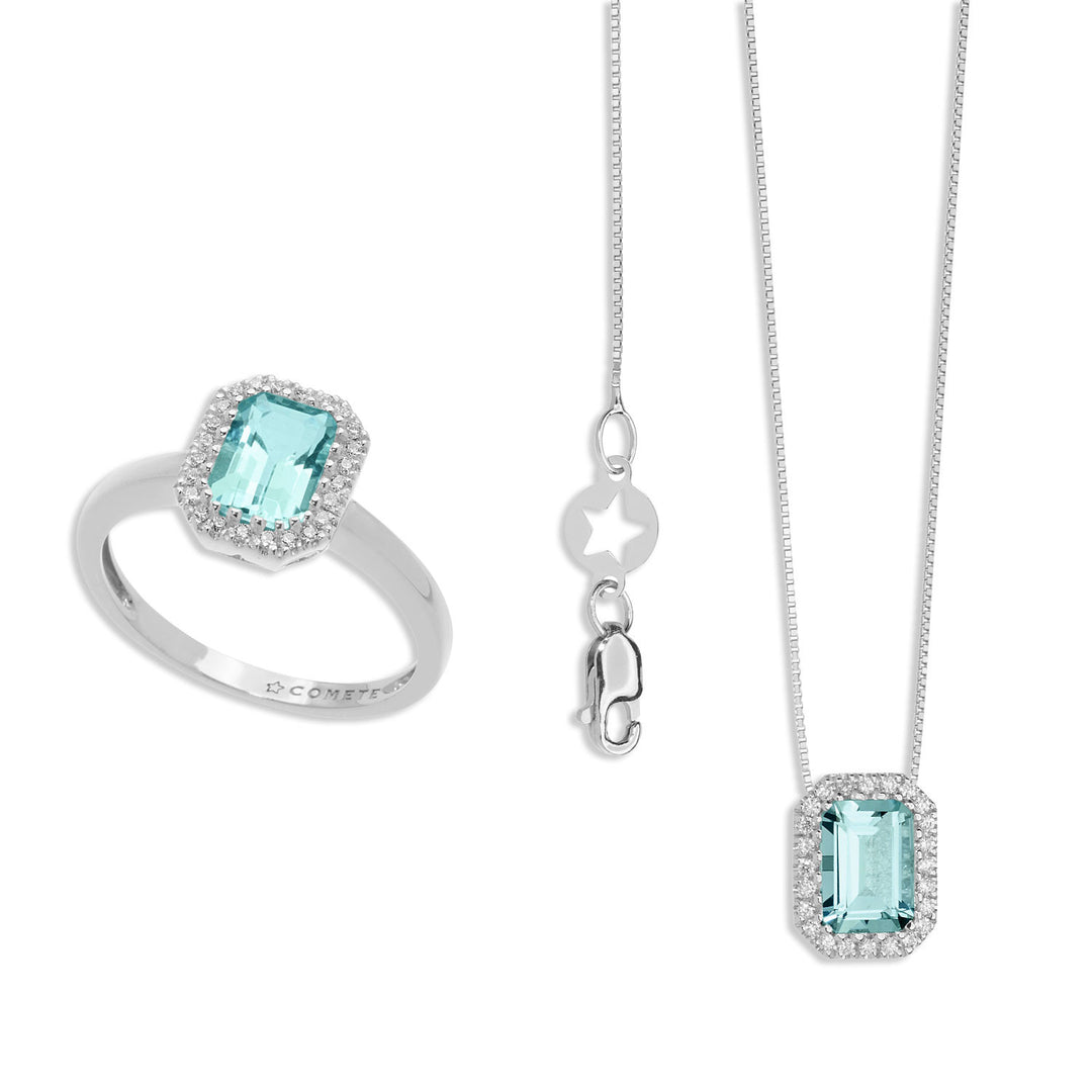 Comete Necklace and Ring in Gold Diamonds and Octagonal Aquamarine KIT287311