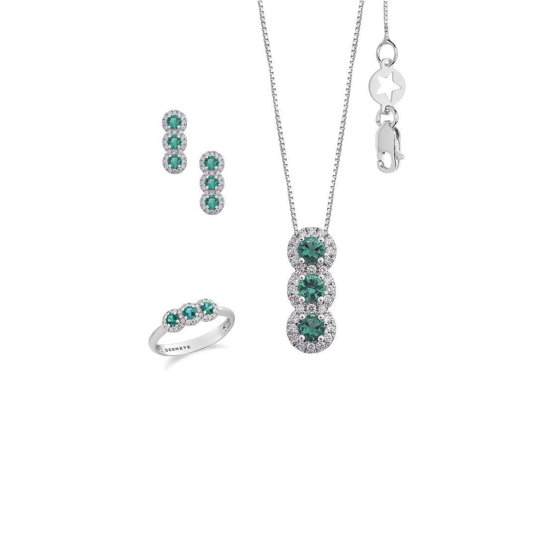 Comete-Ring, Halskette und Ohrringe Trilogie mit Smaragd in Gold und weißen Diamanten KIT169627291139