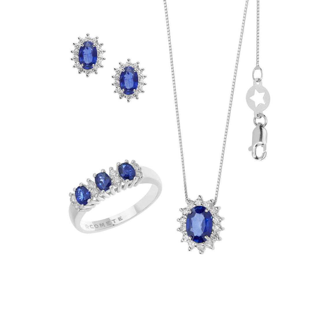 Comete Necklace, Ring and Earrings in Gold, Diamonds and Oval Blue Sapphire KIT156425591022