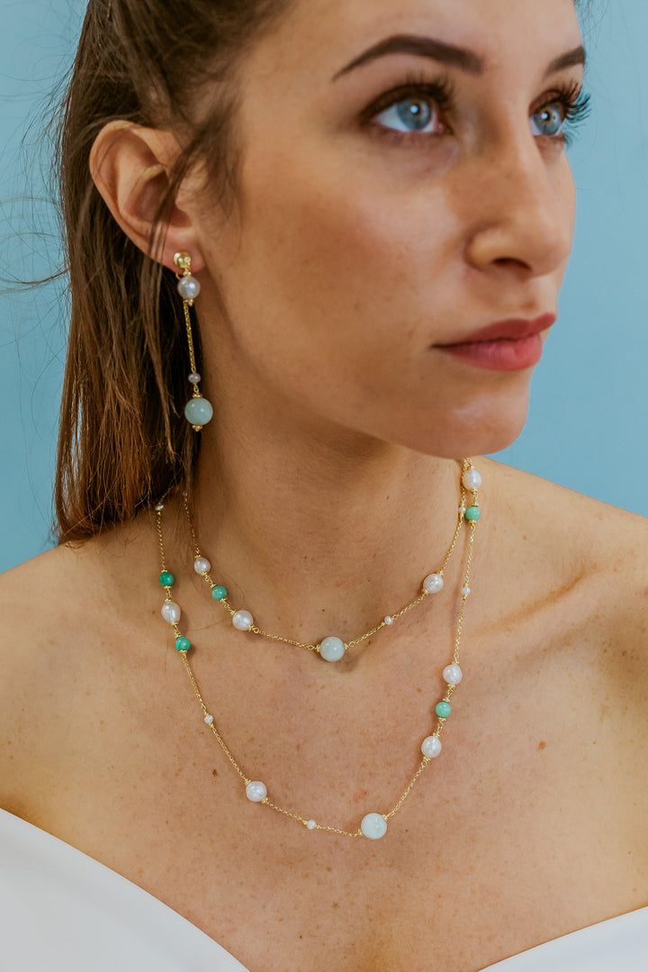 Comete Collana Argento 925‰ con Perle Acquadolce, Giada colorata, Angelite GLA281
