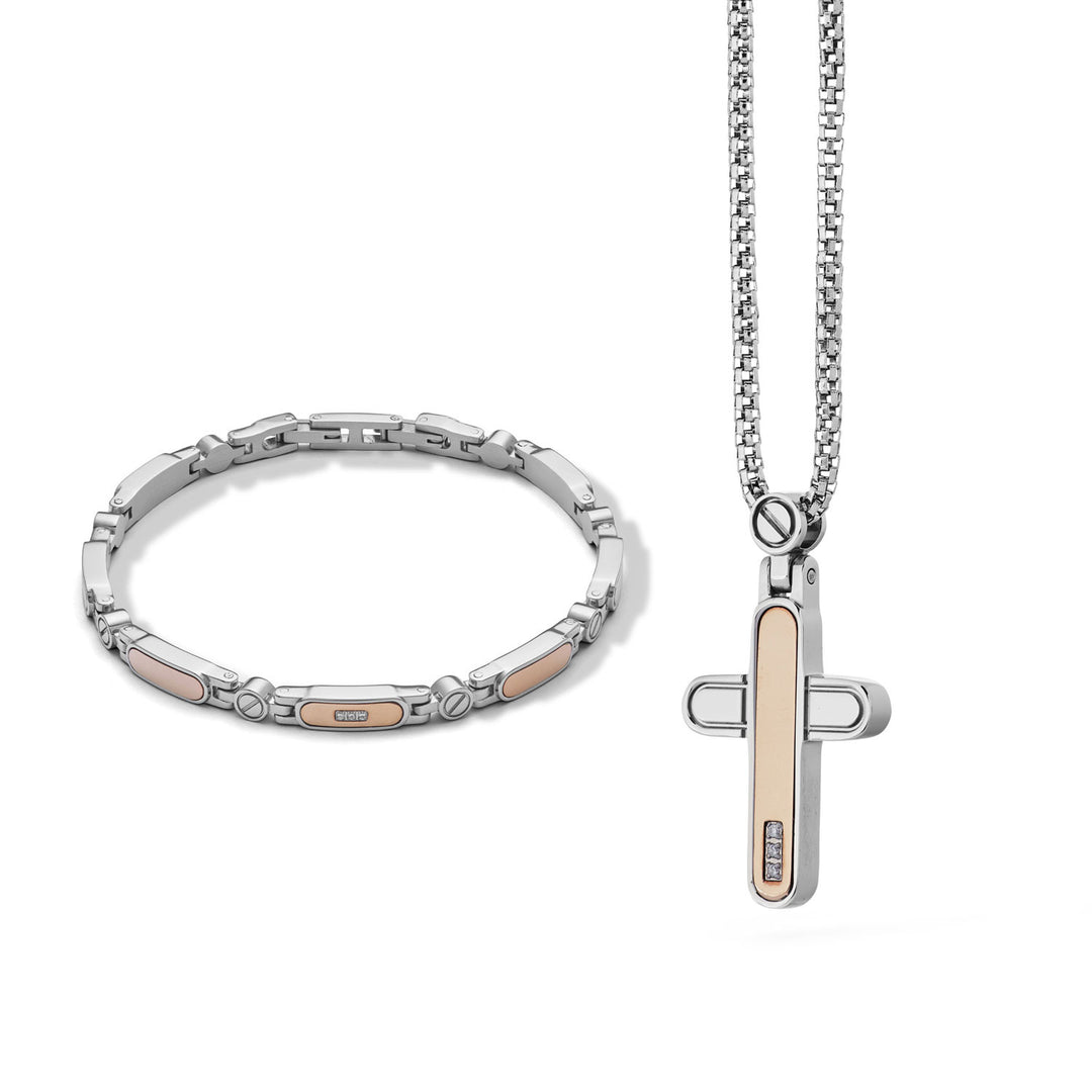 Comete Senior Halskette und Armband aus poliertem Stahl, Rosé-PVD und Diamanten KIT7011009