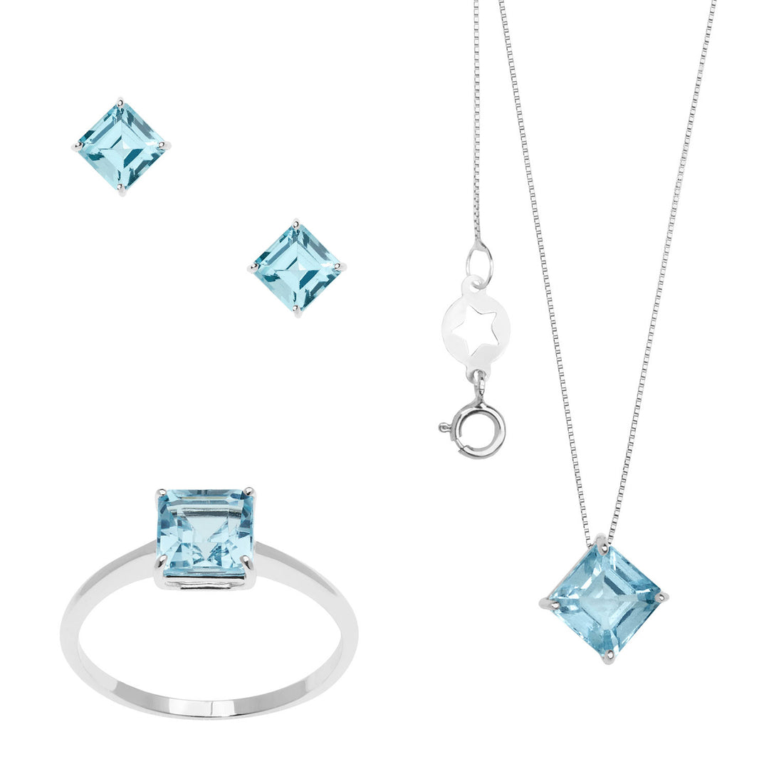 Comete Halskette, Ring und Ohrringe aus Weißgold mit Blautopas Carrè KIT164526801096