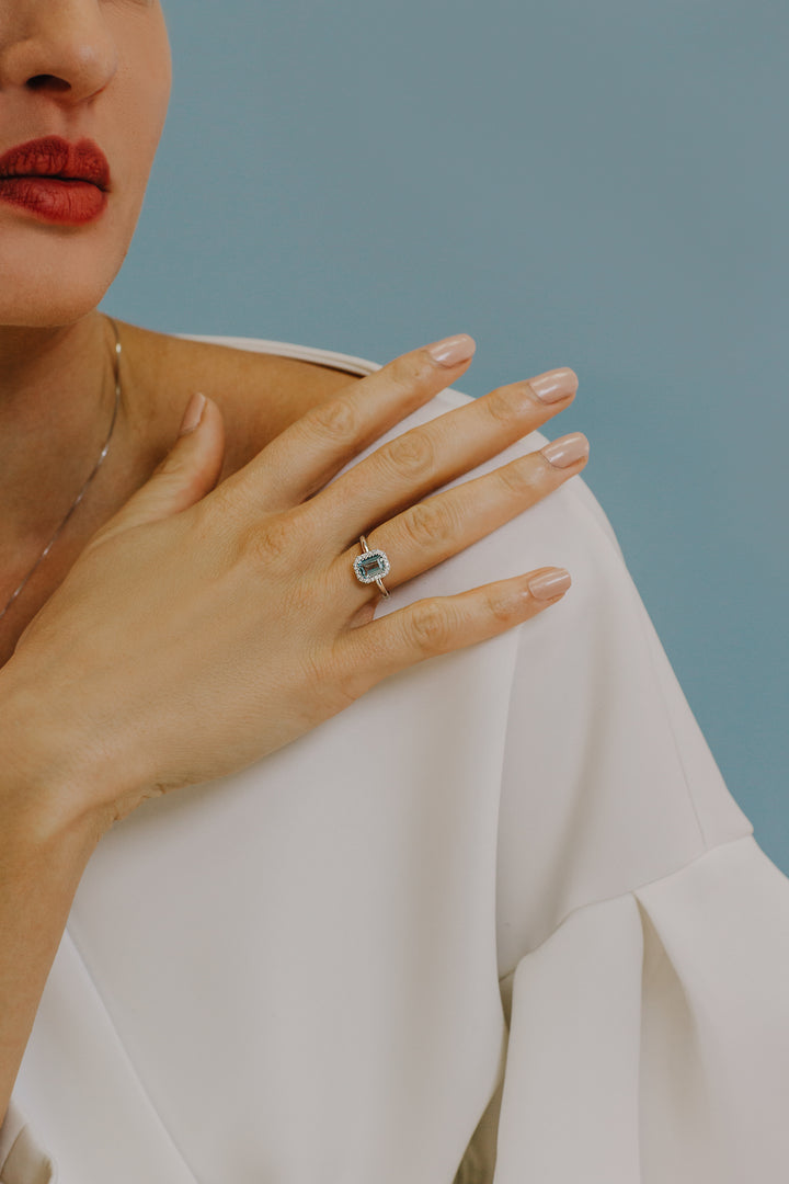 Bague Comete en or avec diamants et aigue-marine octogonale ANQ311