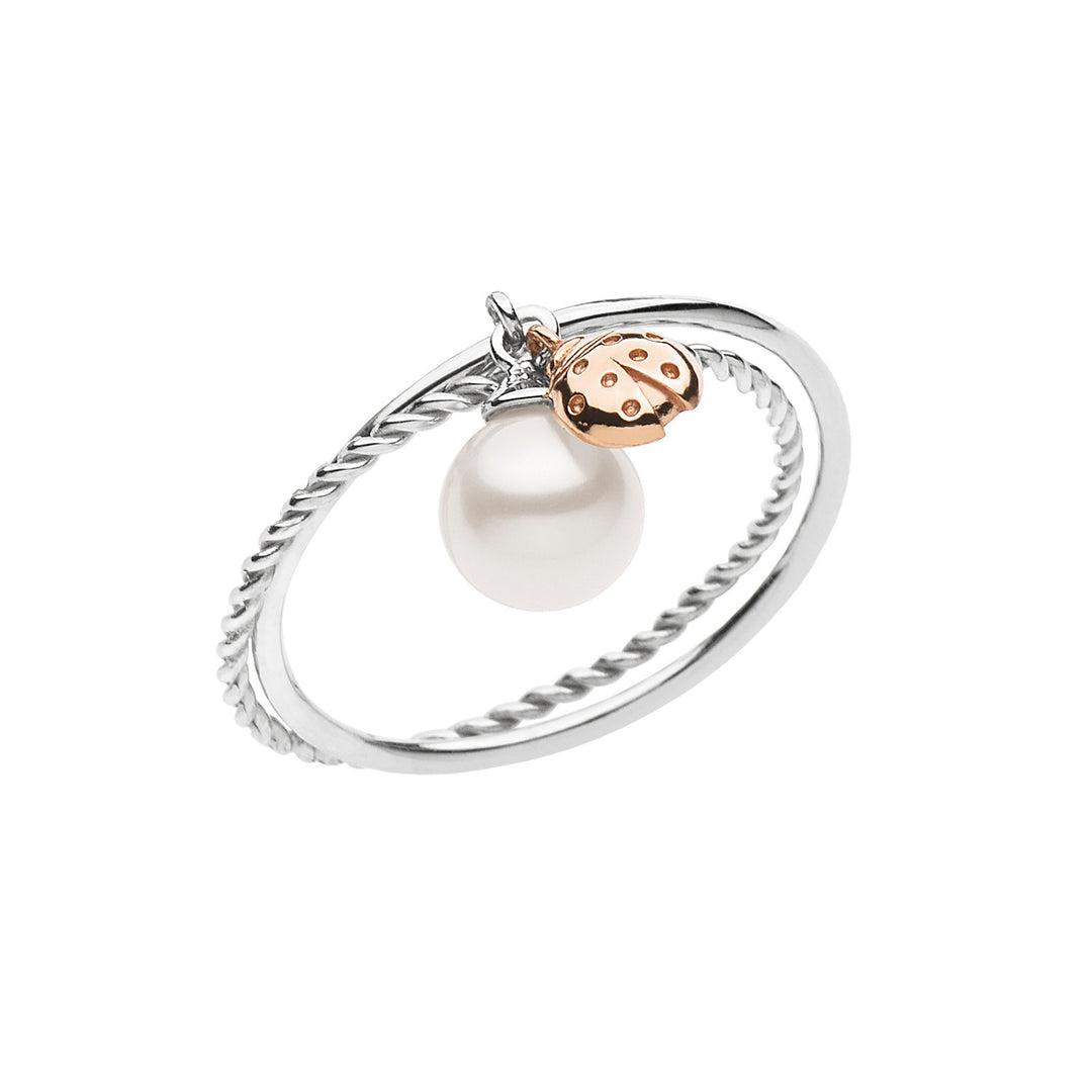 Comete Pearl and Ladybug Ring in pink and white gold ANP364