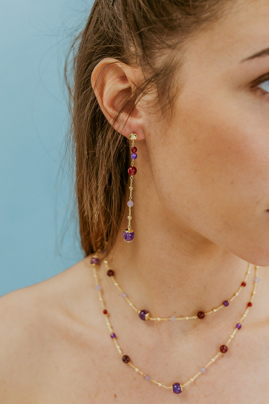 Comete-Ohrringe aus 925‰ Silber mit farbigem Amethyst, Achat und Jade ORA219