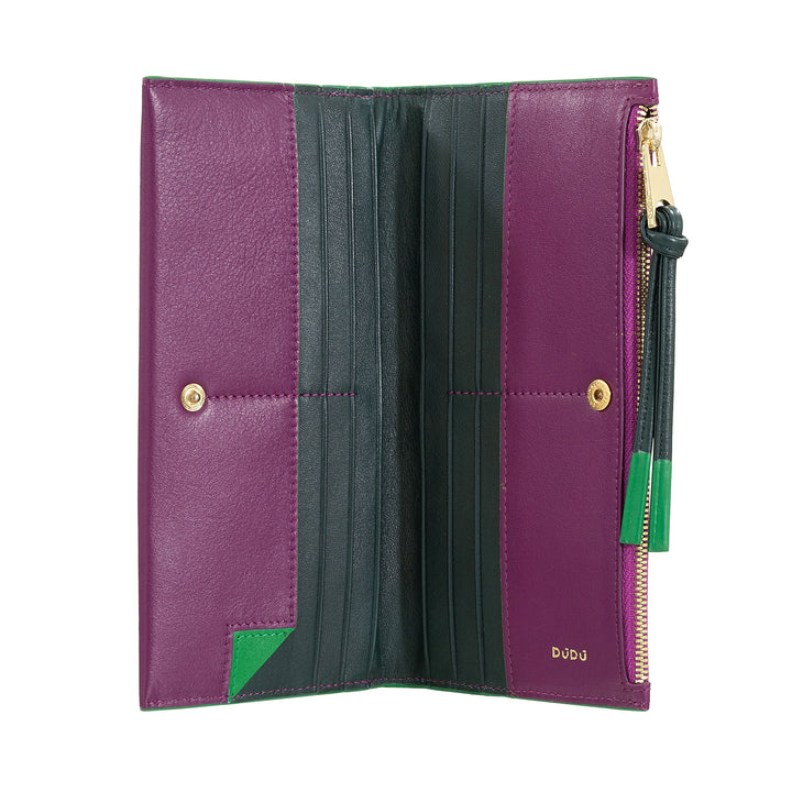 DUDU Grand Portefeuille Fin en Cuir avec Fermeture Éclair pour Femme - Portefeuille Long Vertical élégant avec Porte-Cartes, Poche à Monnaie zippée et Compartiments pour Billets de Banque