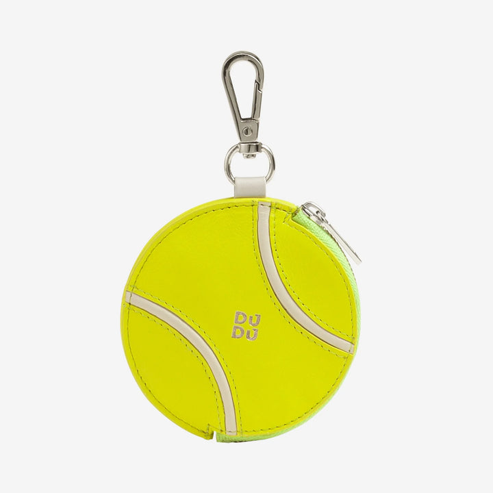 DUDU Porte-monnaie en cuir véritable avec fermeture éclair en forme de balle de tennis, édition limitée, avec mousqueton, design exclusif, jaune